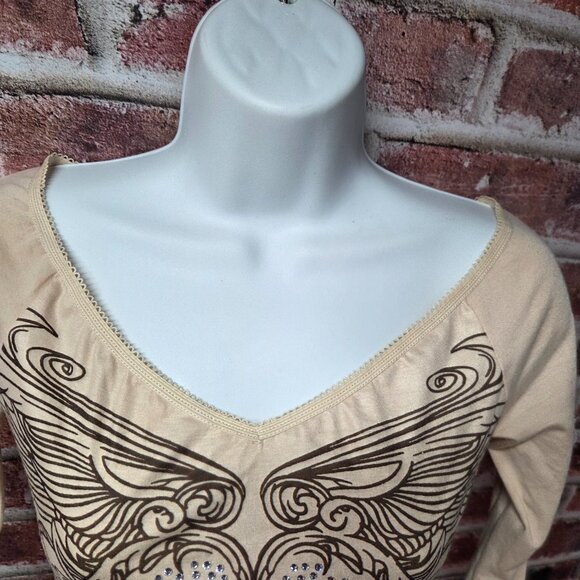 Cider Top XS | Tan Rhinestone V Neck Long Sleeve Y2K Coquette Sparkle Chic - Picture 4 of 7